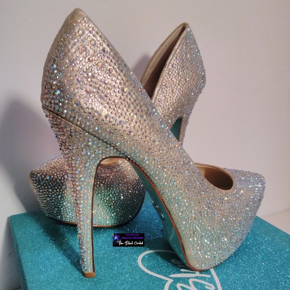 BETSEY JOHNSON 7 STAR SPARKLY RHINESTONE PLATFORM HEELS blue collection - Picture 11 of 16